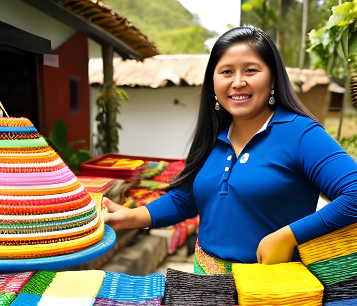 Persona vendiendo telas típicas de Guatemala.